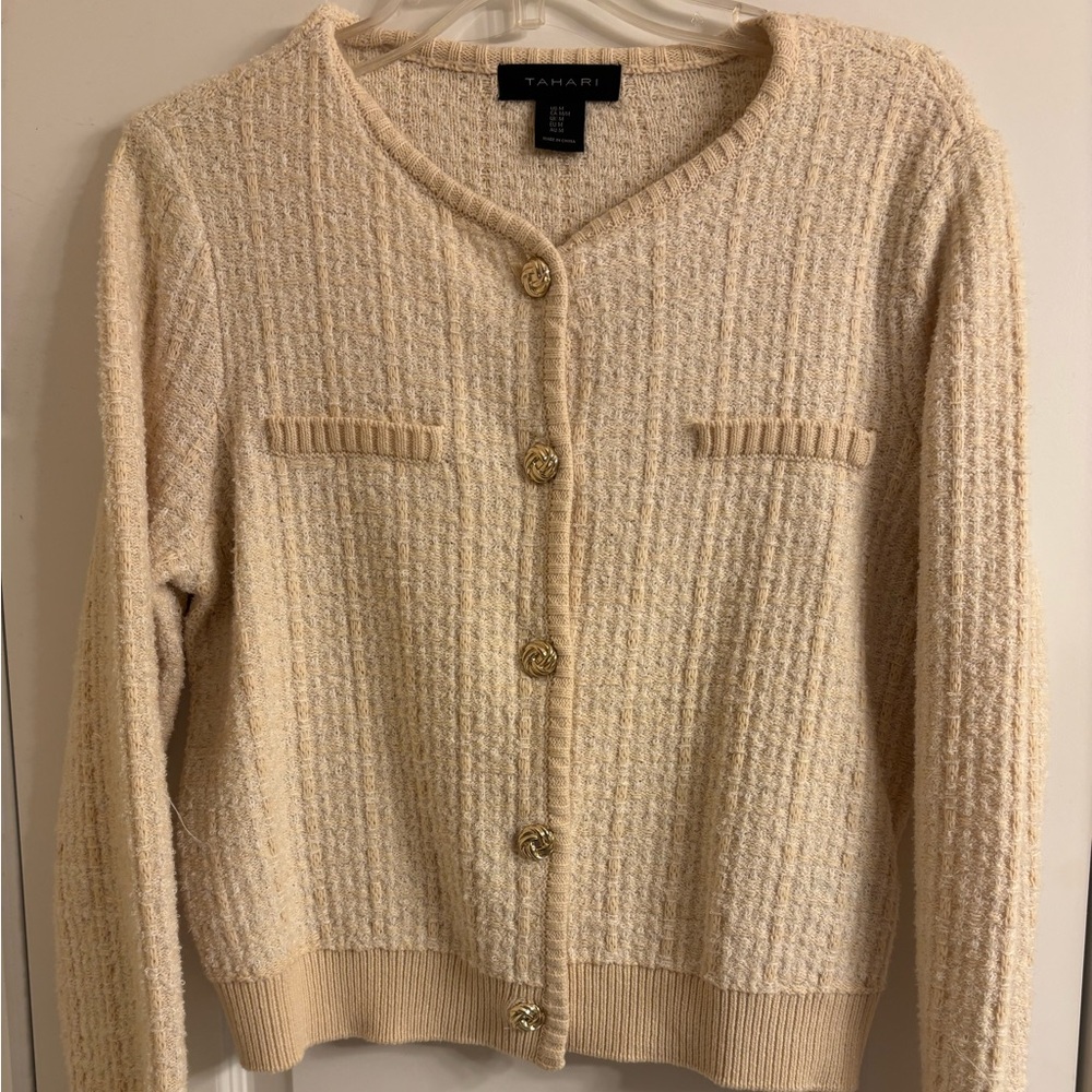 Tahari Beige Textured Button-Up Cardigan